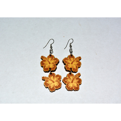 Double Hibiscus Wood Earrings-CWE0000029